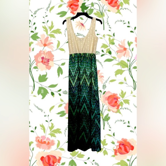 As U Wish Maxi Dress  Lace Top Green Chevron Print Sundress Summer - Picture 1 of 5